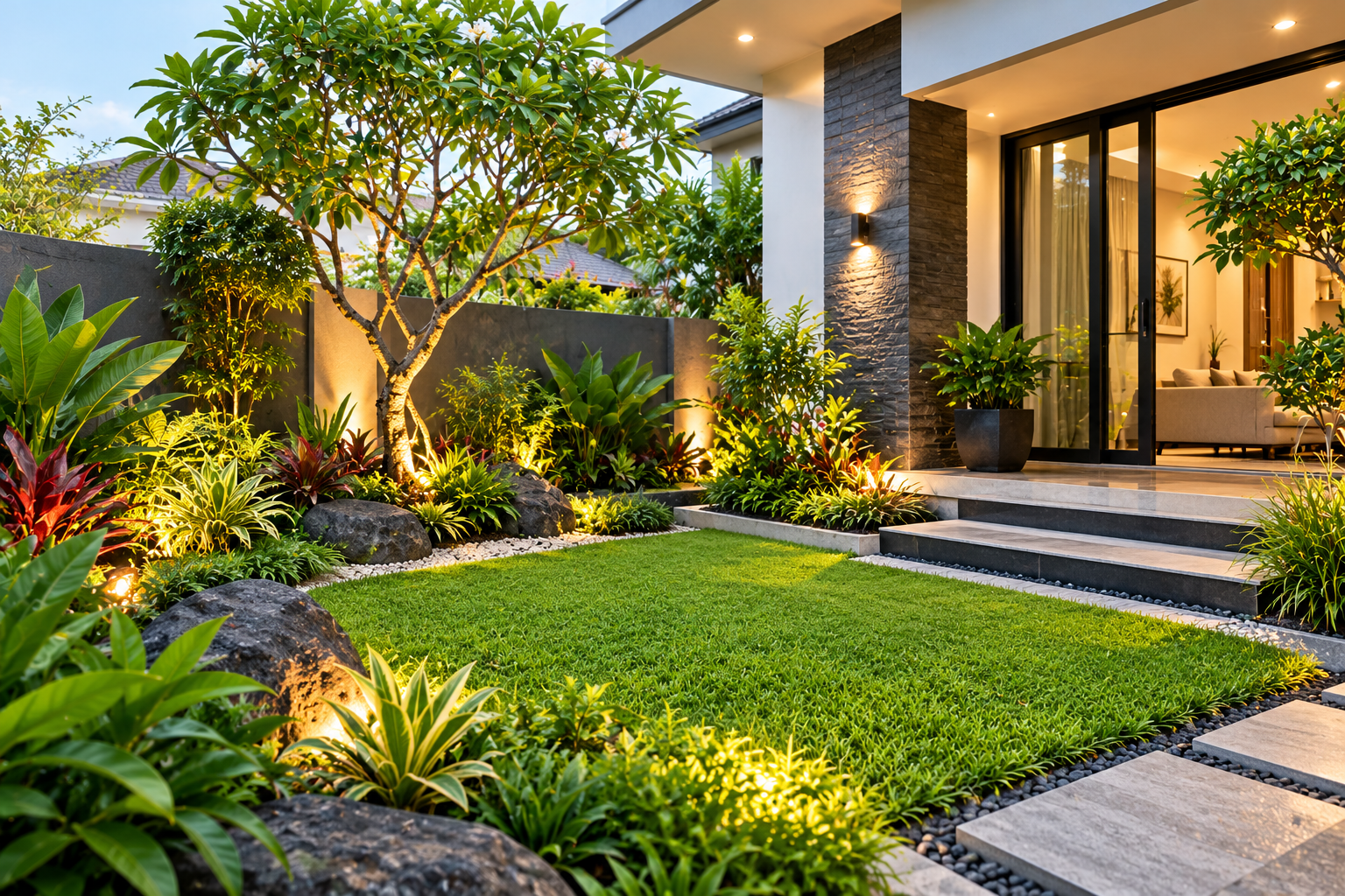 Taman Tropis Modern dengan Cahaya Hangat
