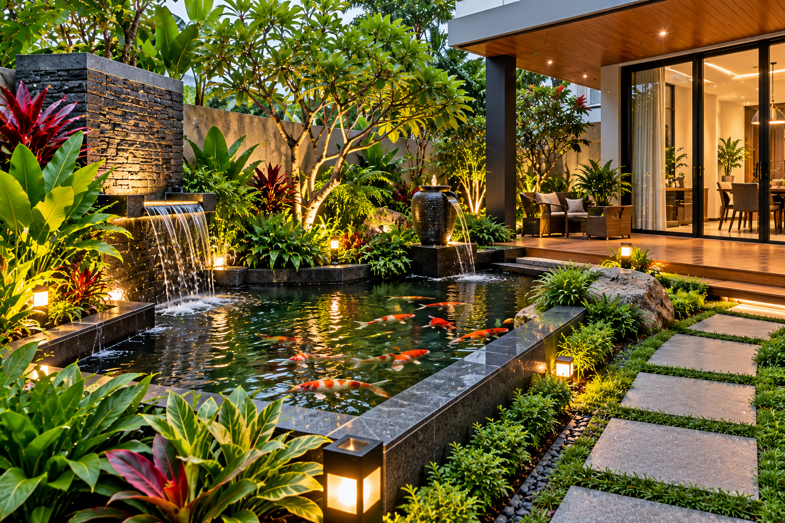 Taman Tropis Modern dengan Kolam Koi