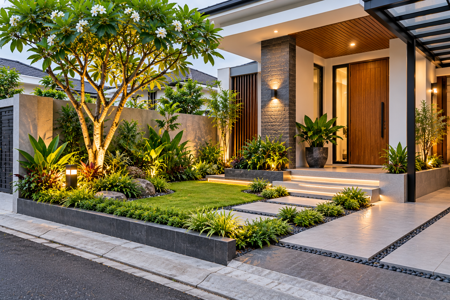 Taman Tropis Modern dengan Pintu Kayu